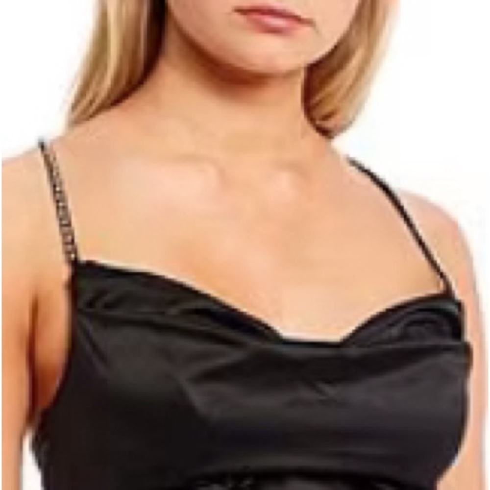 NWT B. Darlin Cowl Neck Rhinestone Strap Satin Party Dress Black Size 1/2 & 3/4 - Picture 2 of 11